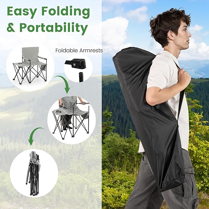 Goplus Oversized Camping Chair with Side Table Folding Heavy-Duty Picnic Chair w/ 2 Storage Pockets Cup Holder Padded Armrests Carrying Bag Portable Outdoor Chair for Fishing RV Trip (Gray2)