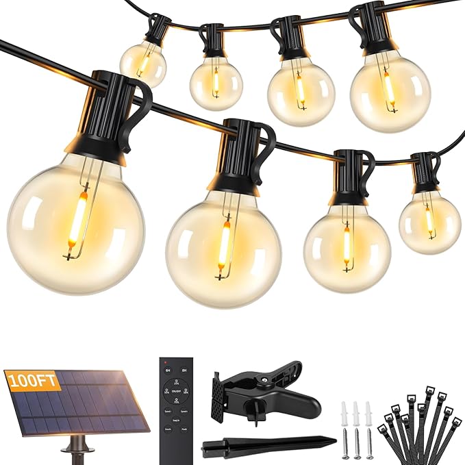 Brightever 100FT Solar String Lights Outdoor with Remote and 36+2 LED Shatterproof G40 Bulbs Dimmable &amp Timable 3 Lighting Modes Waterproof Solar Power Outdoor Lights for Patio Garden Wedding