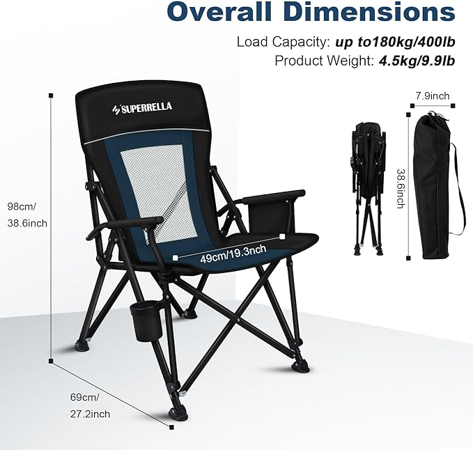 Camping Chair Portable Folding Lawn Chair Comfortable Hard Arm Sturdy for Family Camp Outdoor Sports Beach Travel Support 400 lbs Black&ampBlue
