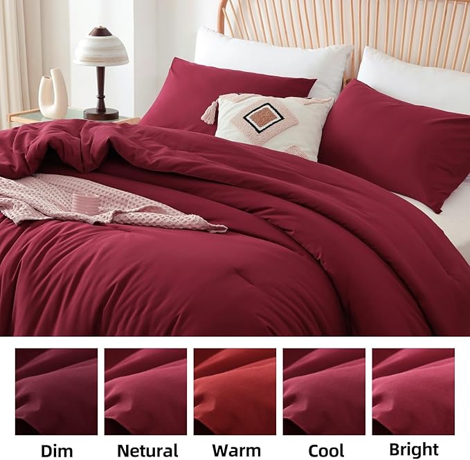 ROSGONIA Full Size Comforter Sets for Girls Boys Kids Dark Red 3pcs Comforter Full Size (1 Comforter &amp 2 Pillowcases) Lightweight Dorm Bedding Sets