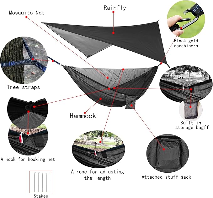 Portable Single Double Nylon High Strength Parachute Hammock Rainfly Set Camping Hammock with Rain Fly Tarp and Mosquito Net Tent Tree Straps Backpacking Hiking Travel Yard Outdoor Activities