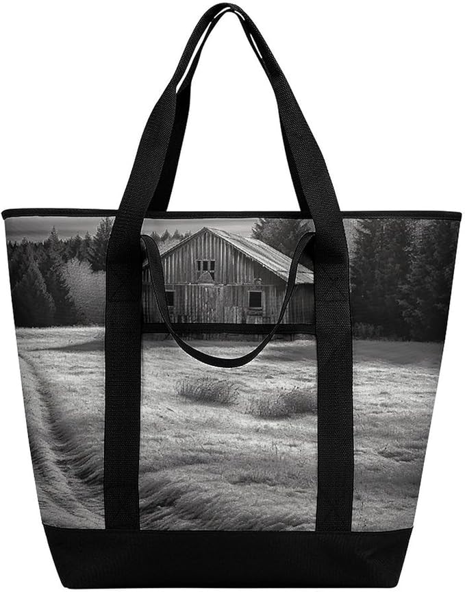 Insulated Shopping BagLarge Reusable Cooler Bags Barn Black And White Printed Foldable Shopping BagTravel Waterproof Shoulder Bag