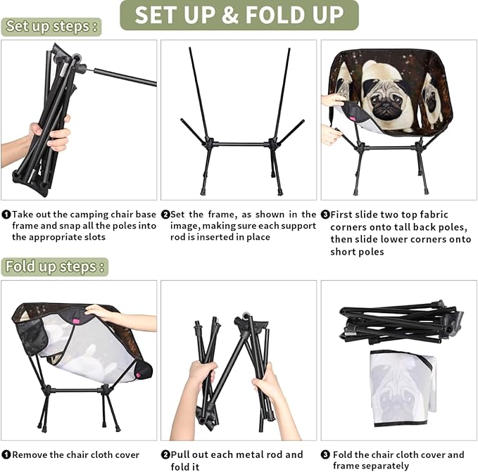 Cute Pug Dog Camping Chair Lightweight Portable Chairs for Adults Easy Installation Outdoor Foldable Camping Chair for Camping Fishing Hiking Picnic Beach