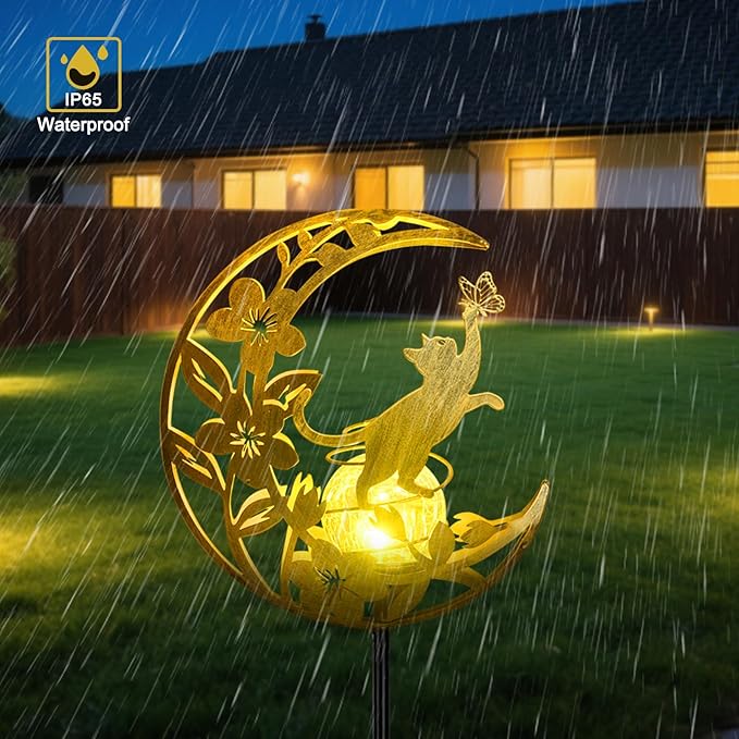Cat Lights Outdoor Decor - Moon &amp Cat Sola Garden Lights Waterproof Auto On/Off Pathway Lighting for Yard/Lawn/Patio Handcrafted Metal Solar-Stake-Lights for Outside Decorations