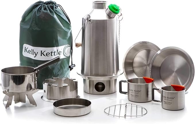Kelly Kettle Ultimate Base Camp Kit – 54 oz Large Stainless Steel Camp Kettle Lightweight Camping Kettle with Whistle Kelly Kettle Stove for Fishing Hunting Hiking