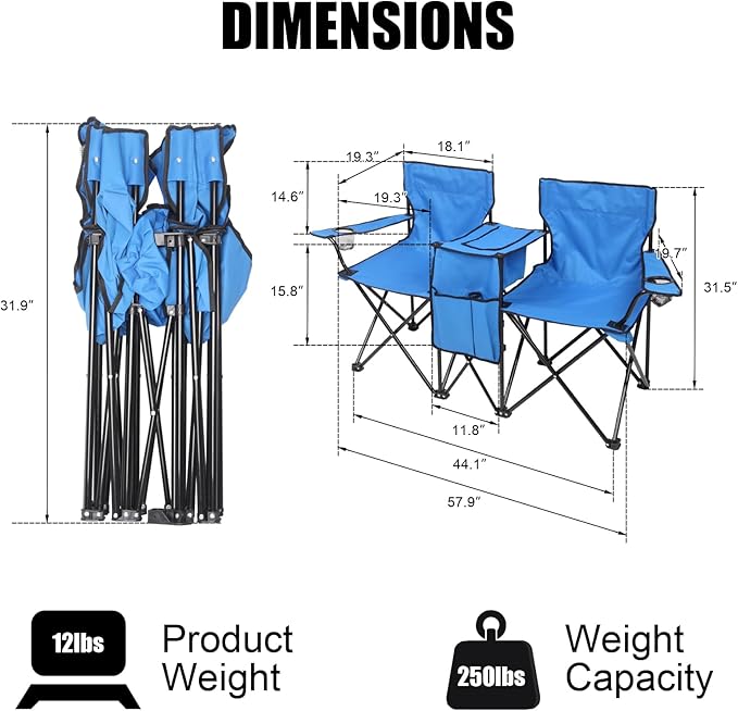 Outvita Folding Double Camping Chair w/Umbrella Beverage Holder Carrying Bag Cooler Fold Up Table Large Bearing Capacity for Beach Patio Pool Park Outdoor Blue