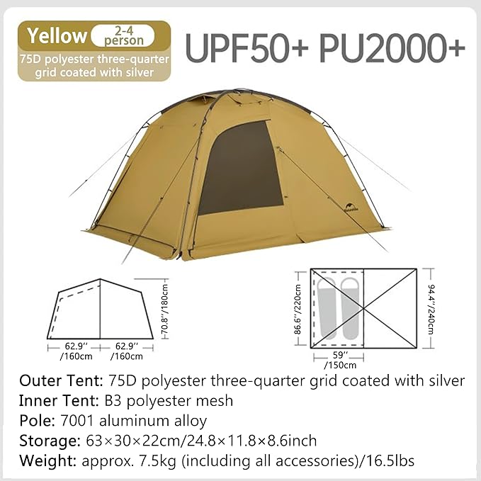 Naturehike Dune Hot Tent with Stove Jack 117 sq ft 4 Seasons Camping Tent 2-4 Person Waterproof Large Tent for Family Car Camping Picnic Fishing 6 Person