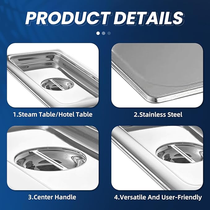 1/3 Size Slotted Steam Table Pan Cover with Handle 6-Pack Hotel Pan LidsAnti-Jam Food Pan Cover Catering Food Cover for Stainless Steel Metal Tray Set