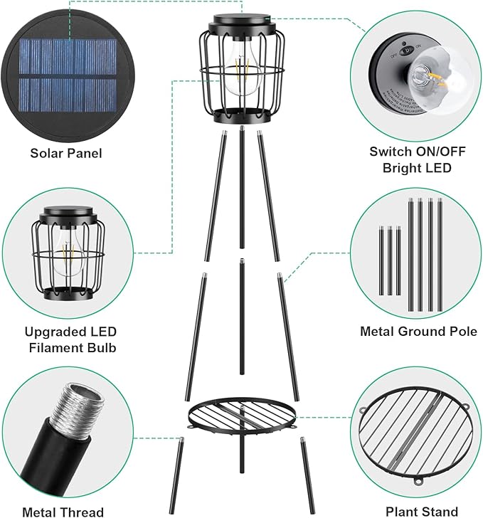 2 Pack Solar Lights with Plant Stand Outdoor Floor Lamp Waterproof Solar LED Edison Bulb Floor Lamps for Patio Porch Deck Yard Garden Decor