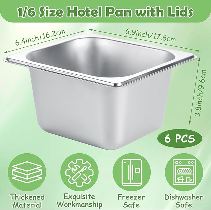 6 Set Stainless Steel Hotel Pans 1/6 Size 4 Inch Deep with Lids Steam Table Pans with Lids 4 Inch Deep 1/6 Size Stainless Steel Restaurant Pan Metal Food Pan with Lid for Hotel Buffet Home