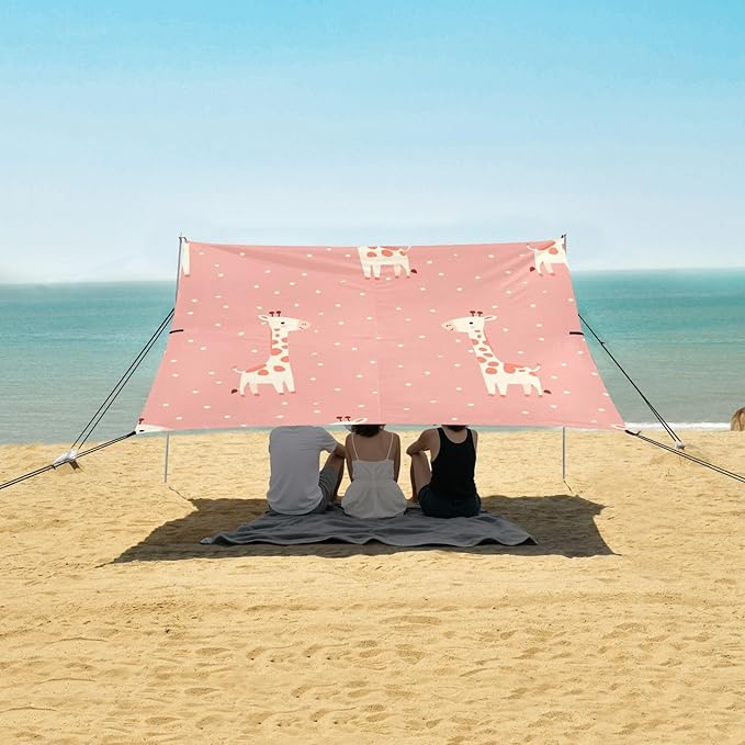 Cute Giraffe Beach Tent Sun Shelter 9.2' x 10.5' Beach Canopy with 4 Sandbags 4 Stability Poles Sand Shovels - Tent Canopy for Beach Camping Fishing Picnics