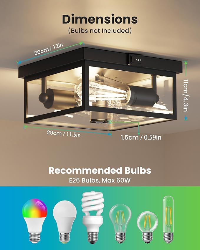 Outdoor Ceiling Light with Motion Sensor 12'' Flush Mount Porch Light Exterior Light Fixture with Clear Glass Dusk to Dawn 2-Light Fixture for PatioPorch