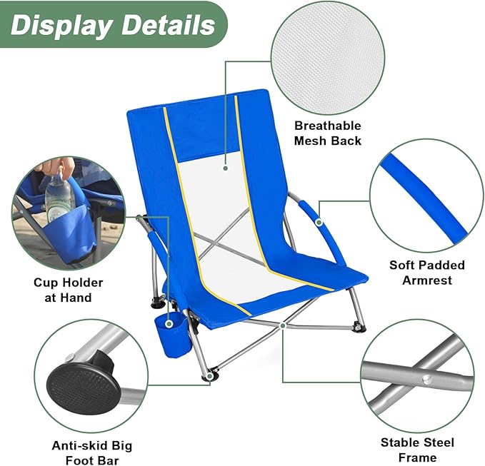 Romswi Low Beach Chairs for Adults 2 Pack Lightweight Folding Sand Chairs with Breathable Mesh Back &amp Cup Holder Portable Compact Camping Chairs 400lbs CapacityBlue