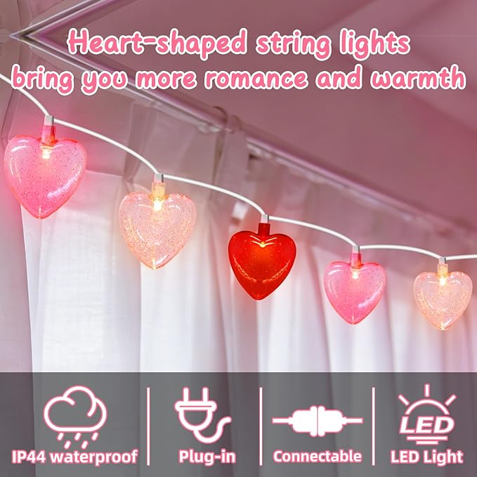 20 LED Valentine's Day Decorations Heart Lights 12Ft Heart String Lights Outdoor Waterproof with 20 LED Red Pink White Hearts Shaped with Glitter for Room Door Windows Fence Valentines Day Decor