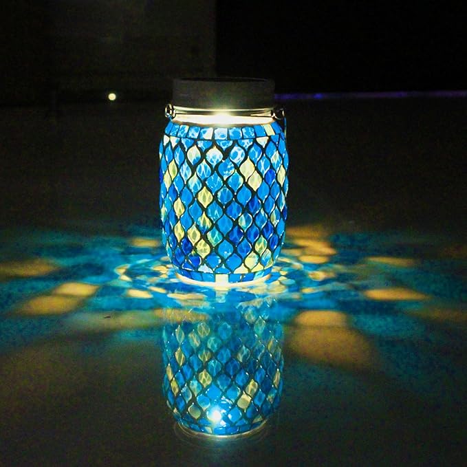 Solar Mosaic Lights - 12 Color Changing LED 4 Lighting Modes with Remote Control Handcrafted Glass Decor Lanterns Hanging or Tabletop Decor for Garden (Bule)