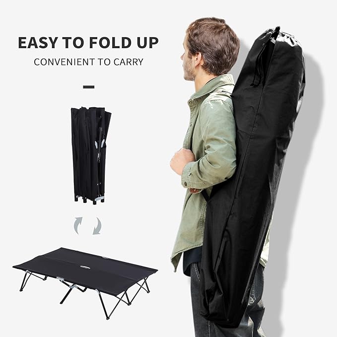 2 Person Folding Camping Cot for Adults 50 Extra Wide Portable Sleeping Cot with Carry Bag 300 lbs Capacity Elevated Camping Bed for Outdoor Beach Hiking Black