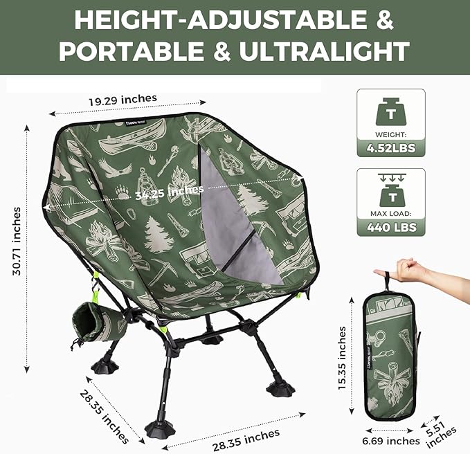 ATEPA UFO3.0 Backpacking Camping Chair Ultralight Extra Wide Comfortable Folding Chairs Heavy Duty Portable Hexagon Ergonomic Height Adjustable Seat with Anti-Sinking Feet for Hiking Forestcamp