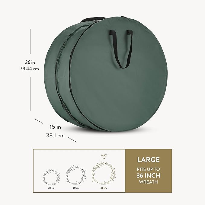 ZOBER Christmas Wreath Storage Container 36 Inch - Wreath Bag Fits 2 Wreaths Box - 600D Oxford Fabric - Interior Compartment for Storing Garlands Wreaths Storage Bag W Strong Durable Handles - Green