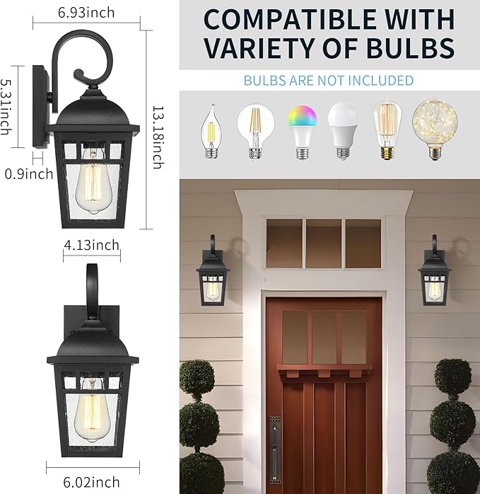 Front Porch Lights Outdoor Wall Lights Exterior Wall Sconce Matte Black Exterior Light Fixtures Waterproof Farmhouse Outdoor Lighting Fixtures for House Garage Porch Patio 2 Pack