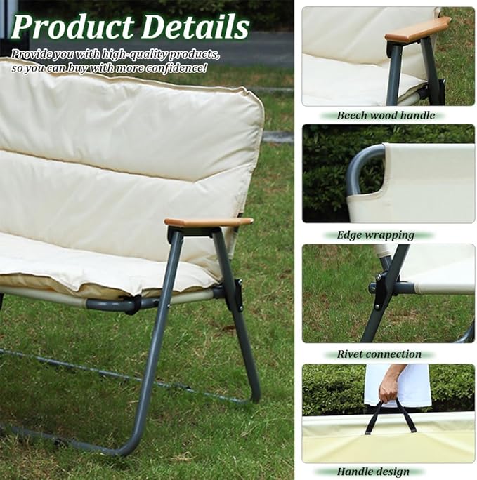Folding Camping Chair with Seat Cushion Outdoor Foldable Seat Beach Chair Portable Camp Chair for Indoor Patio Travel Picnic Sports Khaki