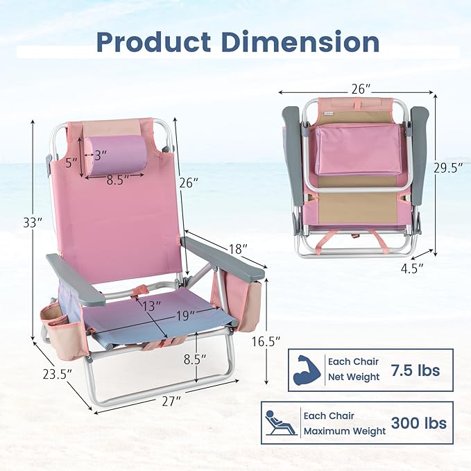Backpack Beach Chair 5 Position Adjustable Camping Chairs with Head Pillow Cooler Bag Towel Bar Cup Holders Portable 2-Pack Folding Beach Chairs for Adults (Without Table Gradient Pink)