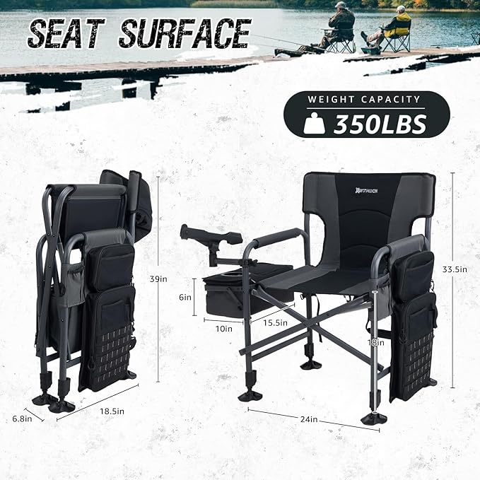 X Strike Fishing Chairs with Rod Holder Folding Ice Fishing Chair for Adults Outdoor Camping Chair Leg Adjustable with Cooler Bag and Storage Bag for Camp Lawn Patio Garden (Black)