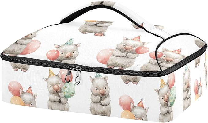 Casserole Carrier Cute Happy WombatInsulated Casserole Carrier for Hot or Cold Food Thermal Lunch Tote for Potluck Parties Picnic Beach Fits 9 x 13 Inches Baking Dish
