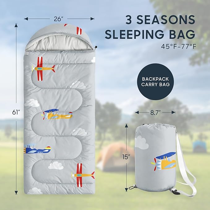 Wake In Cloud - Kids Sleeping Bag for Boys Toddlers Camping in Warm Cold Weather Backpacking Lightweight Compact Outdoor Liner for 3 Seasons Colorful Vintage Airplanes