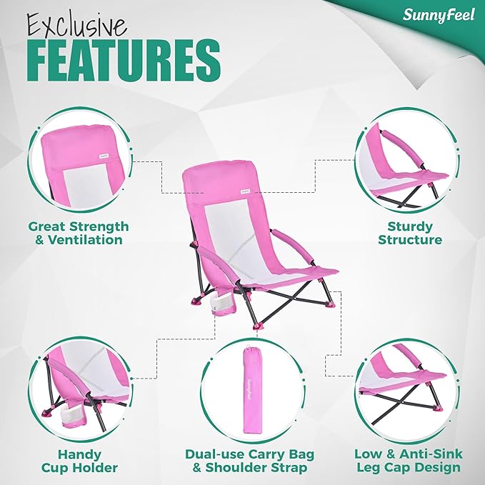 SUNNYFEEL Folding Beach Chair High Back Beach Chairs for Adults Lightweight Portable Camp Chair 300lbs Heavy Duty with Carry Bag Mesh Back Cup Holder for Outdoor Travel Picnic Concert Pink