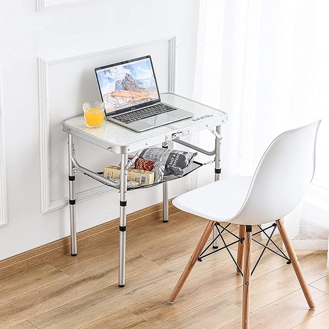 Small Folding Table 2 Foot Portable Camping Table with Mesh HoldersLightweight Aluminum Adjustable Height with Carry Handle for Camping Picnic Indoor Outdoor White 24 x 16 inch (3 Heights）