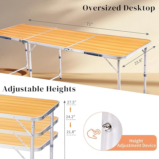 Folding Camping Table4FT Aluminum Folding Picnic Table with 3 Adjustable HeightHeavy Duty 3 Fold Utility TableIndoor Outdoor Portable Lightweight Beach Accessories with Carrying Handle (Wood Grain)