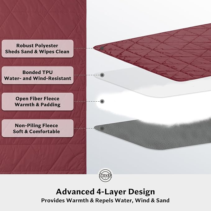 STOVER Large Waterproof Outdoor Stadium Blanket- Extra Thick Soft Fleece Camping Blanket for Travel Picnics Sports 79x55 Warm Windproof Sand-Proof Lightweight Packable (Game Day Crimson)