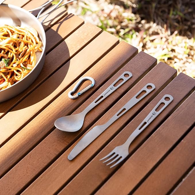 SILVERANT Titanium Camping Flatware Titanium Spork Spoon Chopsticks Knife Straw Cutlery Set PortableTableware for Lunch Box Outdoor &amp Hiking Comes with Drawstring Bag &amp Carabiner- Sandblaste
