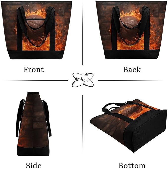 Insulated Shopping BagLarge Reusable Cooler Bags Brick Wall And Burning Basketball Printed Foldable Shopping BagTravel Waterproof Shoulder Bag