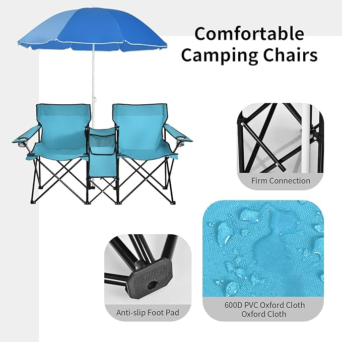 MAT EXPERT Folding Double Camp Chair w/Removable Umbrella Portable Picnic Chair w/Mini Table Chair Set w/Beverage Holder Portable Loveseat Camp Chairs for Beach Backyard Poolside (Turquoise)