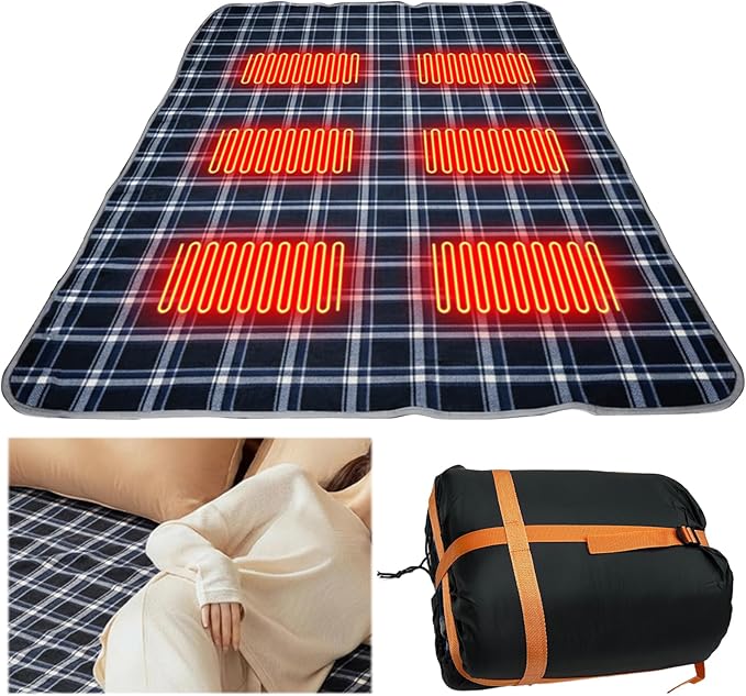Heated Sleeping Bag Liner with 6 Heating Zones – Portable USB Heated Sleeping Pad for Camping Hiking Backpacking – 3 Temperature Levels Waterproof Electric Heated Blanket for Cold Weather