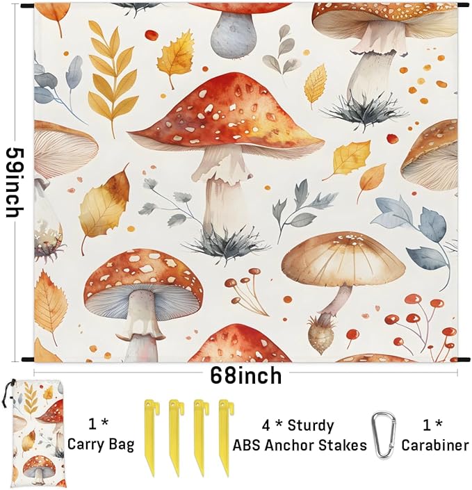 Waterproof Sandproof Beach Blanket 59''×68'' Mushroom Polyester Outdoor Picnic Blanket with 4 Stakes &amp Storage Bag for BeachCampingVacation Orange-Yellow