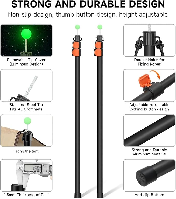 SANLIKE Tarp Poles Heavy Duty Telescoping 97 Adjustable Aviation Aluminum Canopy Rods Lengthen Thicken with Protection Cap Portable Poles for Tent Fly Awning Camping Hiking Set of 2