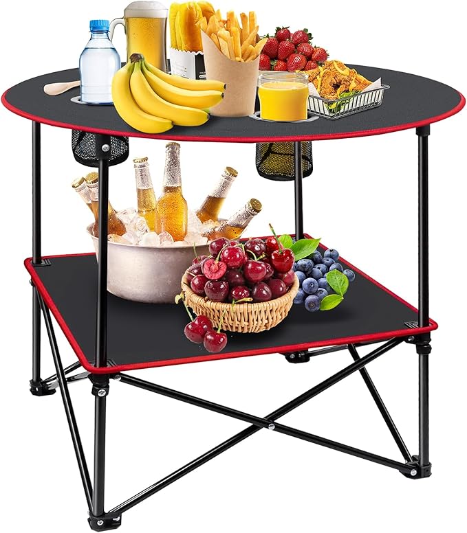 HiiPeak Camping Table Folding Picnic Table with 4 Cup Holders and Carrying Bag Portable Camp Table with Handle Design for BBQ Outdoor Fishing Beach Picnic Travel Camping Essentials Black Table