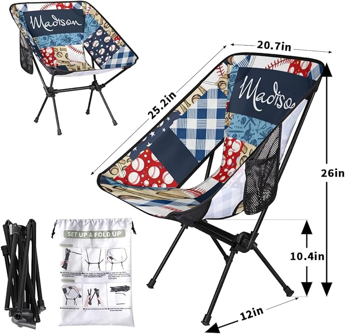 Custom Camping Chair Personalized Portable Backpacking Chair with Name Lightweight Folding Chair for Beach Hiking Baseball Plaid