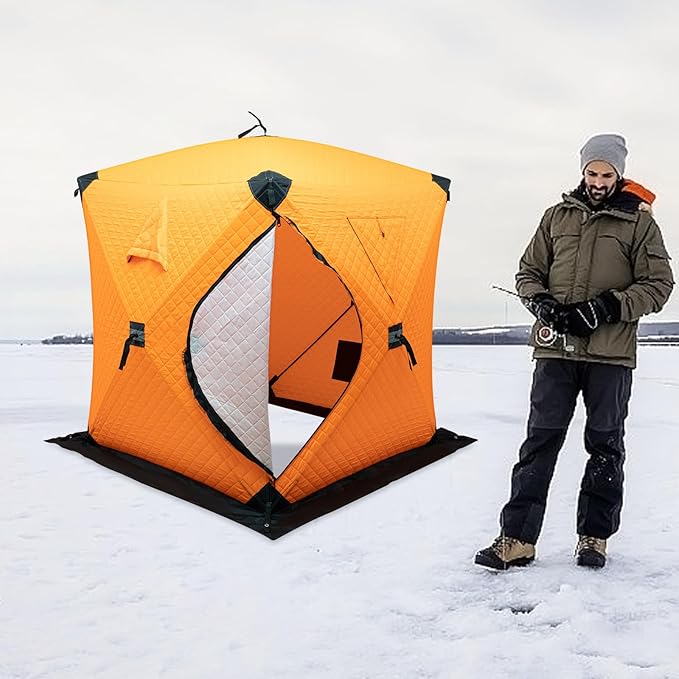 Insulated Ice Fishing Tent 210D Oxford Fabric Ice Fishing Tent Portable Center-Pole Ice Hut Windproof and Warm Suitable for 1-2 People Includes Anchors Ropes and Storage Bag
