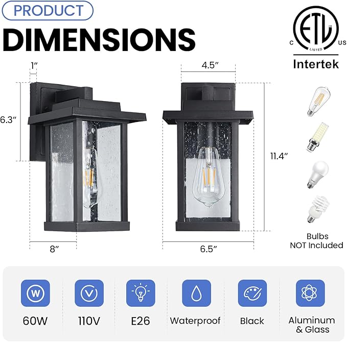 Black Exterior Light Fixtures 2 Pack Farmhouse Outdoor Wall Sconce Modern Front Porch Light with Seeded Glass for House Patio Garage Entrace