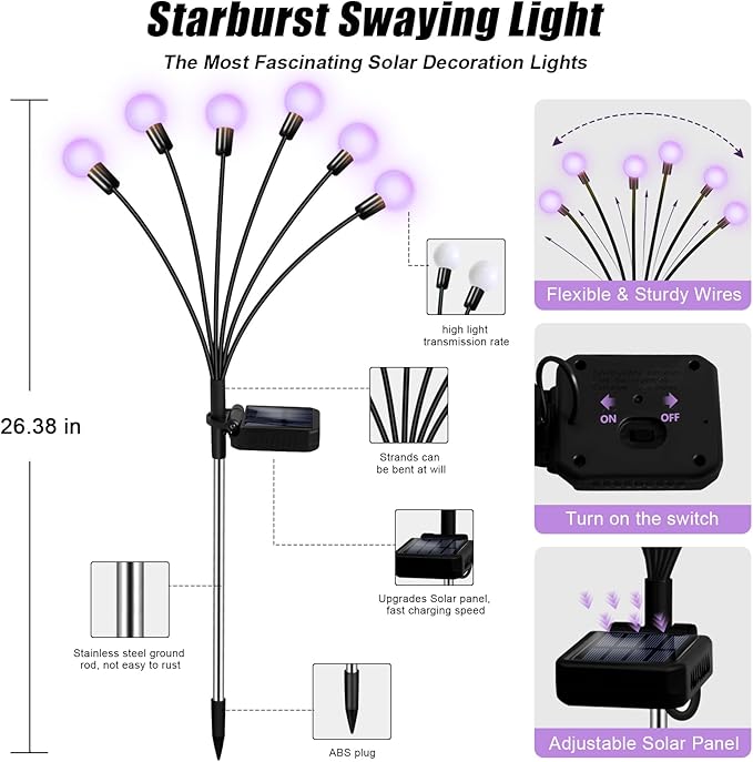 Solar Garden Lights Outdoor Waterproof Solar Powered Lights for Yard Pathway Patio Swaying Lawn Decor as Gardening Gifts for Women Holiday (Purple 2 Pack)