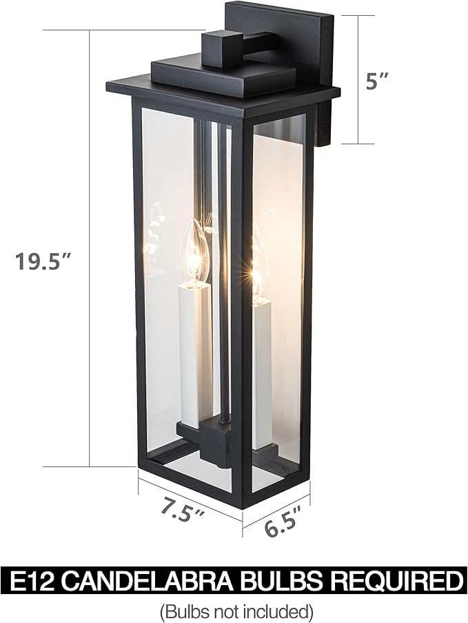 Outdoor Wall Lights Large Porch Lights Fixture Wall Mount Black Exterior Wall Sconce with Clear Glass White Candelabra Waterproof Outside Patio Light Fixture for House Garage