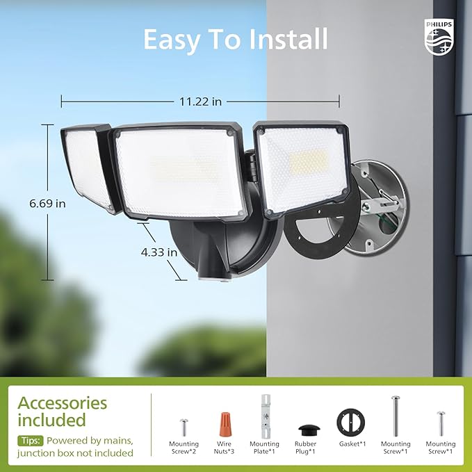 Philips 72W 7400LM LED Flood Lights Outdoor Dusk to Dawn Aluminum Security Lights 3 Adjustable Heads Wall Mount 5000K Daylight Waterproof for Yard Garage