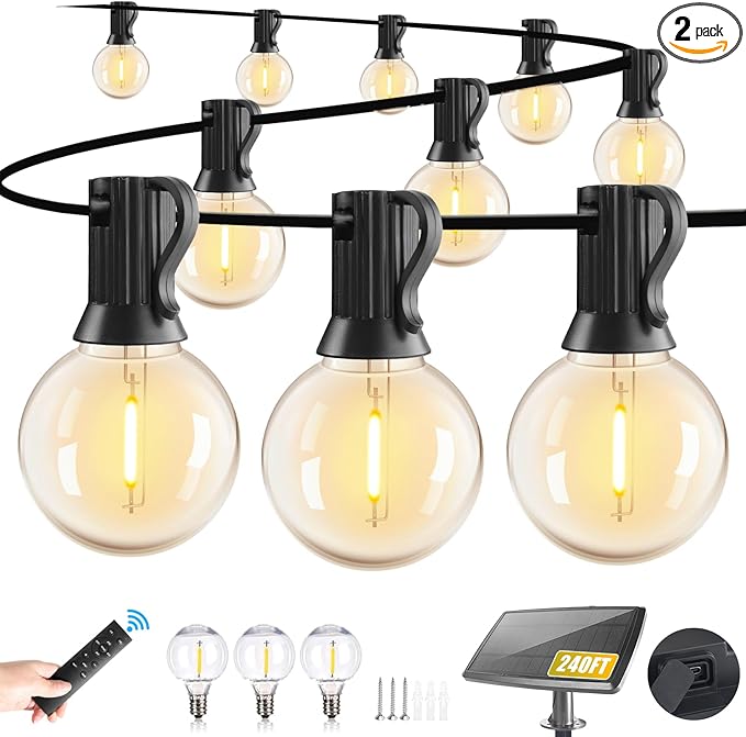 240FT Solar String Lights Outdoor Waterproof with Remote G40 Solar Powered String Lights with 80+3 LED Shatterproof Bulbs Dimmable Solar Patio Hanging Lights for Outside Backyard Party