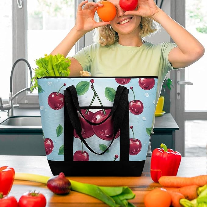 Insulated Shopping BagLarge Reusable Cooler Bags Cherry Printed Foldable Shopping BagTravel Waterproof Shoulder Bag