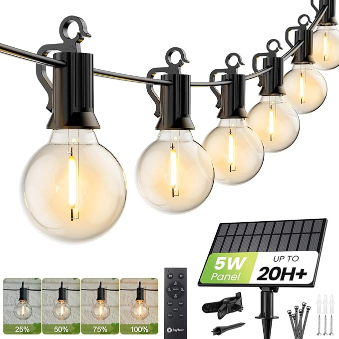 Brightown 158FT Solar String Lights Outdoor Waterproof with Remote Solar Patio Lights with 75 Shatterproof LED Bulbs 3 Light Mode Dimmable &amp Timer Hanging String Lights for Porch Garden Bistro