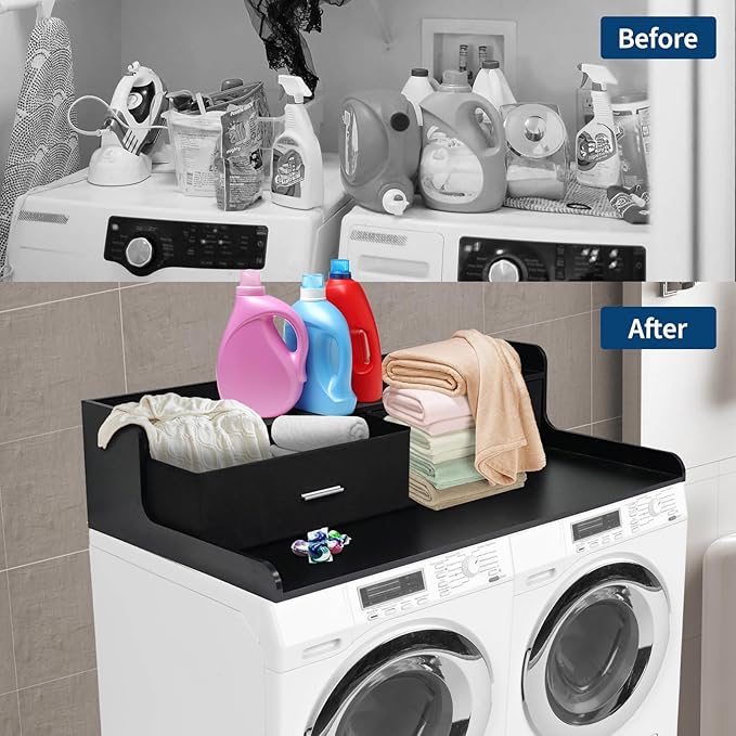 Laundry Countertop for Washer and Dryer 54''W x 27.55''D with 2 Storage Drawers &amp Edge Rails Black MDF Top for Laundry Room Organization