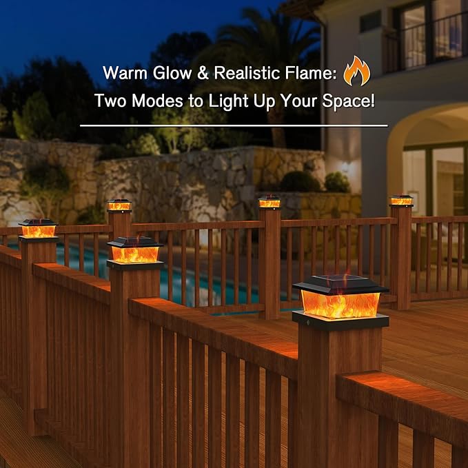 NIORSUN Solar Flame Post Cap Lights Outdoor Waterproof 4x4 Post Solar Lights with Flickering Flame LED Fence Posts Solars Light for Deck Patio Garden 4x4 Posts Caps Wood Vinyl 6 Pack (Black)